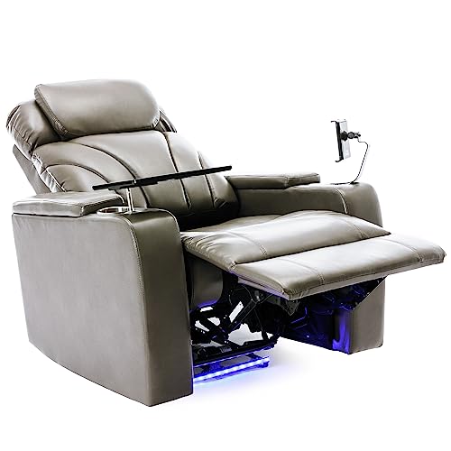 Power Motion Recliner PU Leather Reclining Chair w/Hidden Arm Storage,Swivel Tray &Cup/Pad Holder for Living Room,Electric Single Sofa Club Chair w/USB,LED &Stereo System for Home Theater (Light Grey)