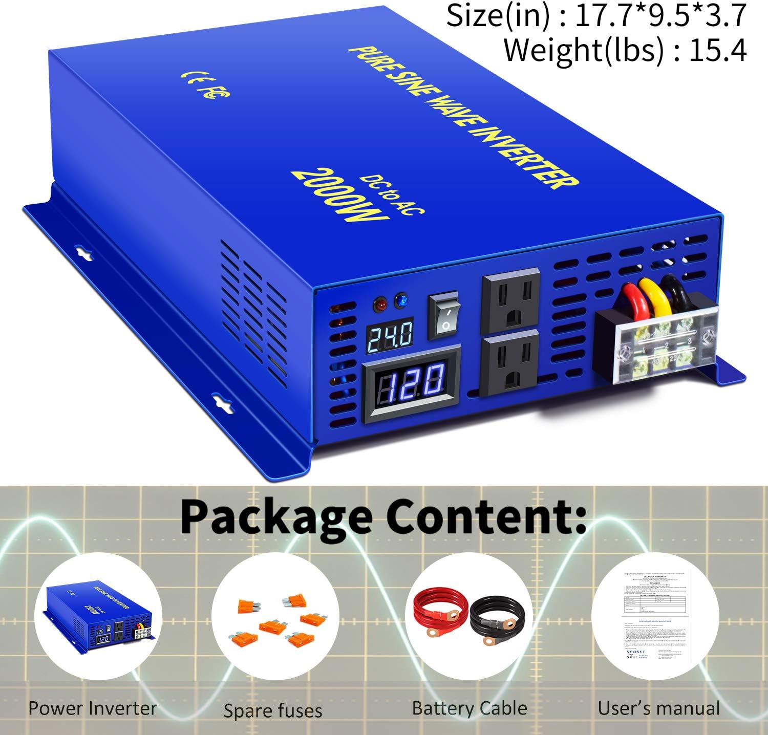 XYZ INVT 2500W Pure Sine Wave Inverter 24v to 110V 120V AC with Wireless Remote Switch, 5000 watt Surge, Power Inverter for Truck, RV Car Camping, Solar System, Grid Off.