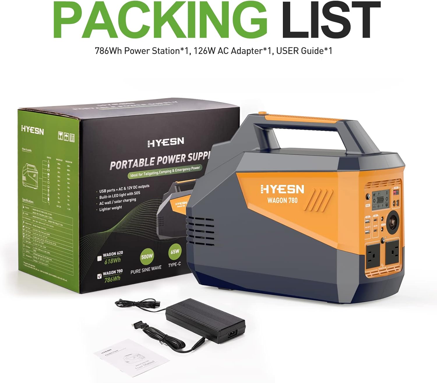 HYESN Portable Power Station 500W Outdoor Solar Generators 618Wh Backup Lithium Battery Power Multiple Devices, Peak 2500W Pure Sine Wave 110V AC Outlet for CPAP Camping Adventure Emergency