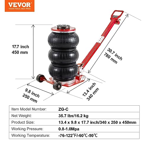 VEVOR Air Jack, 3 Ton/6600 lbs Airbag Jack, Triple Bag Air Jack with Six Steel Pipes, Lift up to 17.7", Fast Lifting Pneumatic Jack, with Adjustable Long Handles for Cars, Garages, Repair