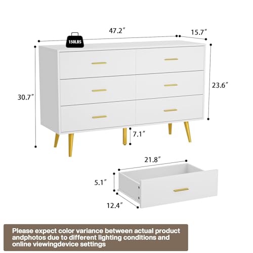 CARPETNAL White Dresser for Bedroom, 6 Drawer Dresser with Wide Drawers and Gold Metal Handles, Wood Dressers & Chest of Hallway, Entryway.