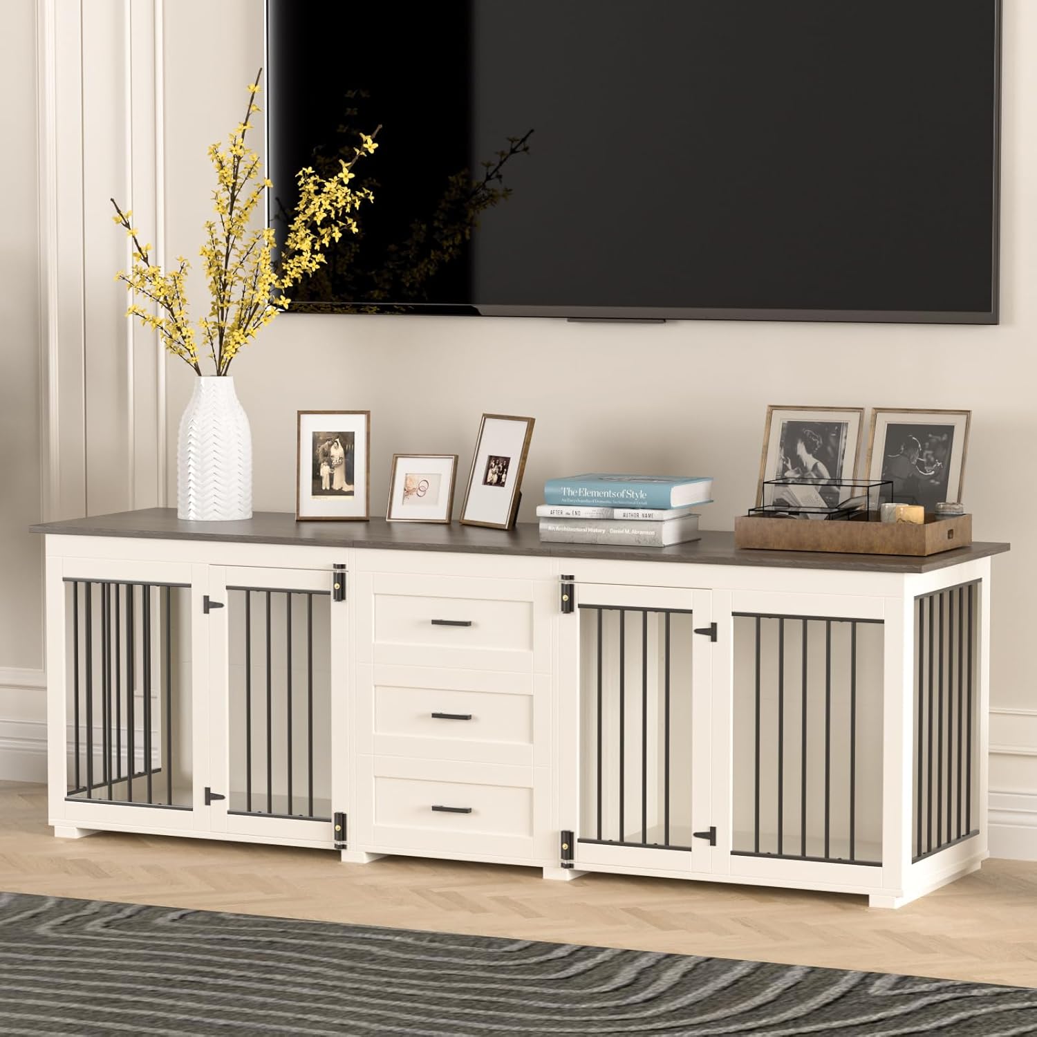 94.5" Large Dog Crate Furniture for 2 Dogs, Wooden Double Dog Kennel Furniture with 3 Drawers, Heavy Duty Indoor Furniture Style Dog Crate/TV Stand - White