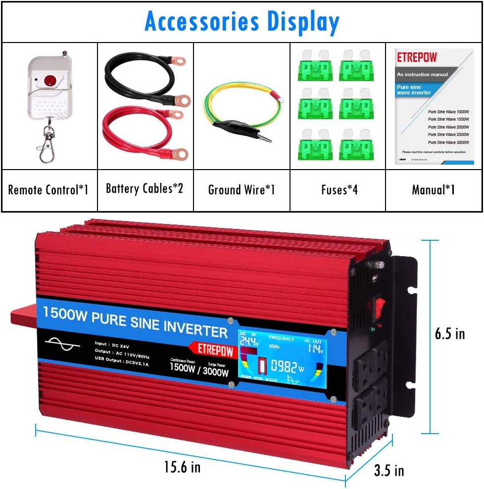 ETREPOW 3000 Watt Pure Sine Wave Inverter 12V to 110V 120V with LCD Display, 4 AC Sockets, 2.1A USB Port, Dual Fans and Wireless Remote Control-Off-Grid Inverter for RV, Automotive 6000W Peak