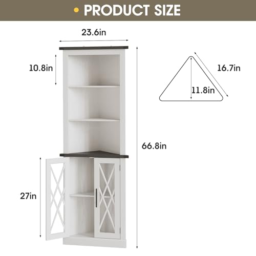 Maupvit 66.8" Tall Corner Cabinet with 2 Glass Doors, Modren Storage Cabinet with Adjustable Shelves, Freestanding Corner Display Cabinet for Living Room, Bathroom, Hallway, White
