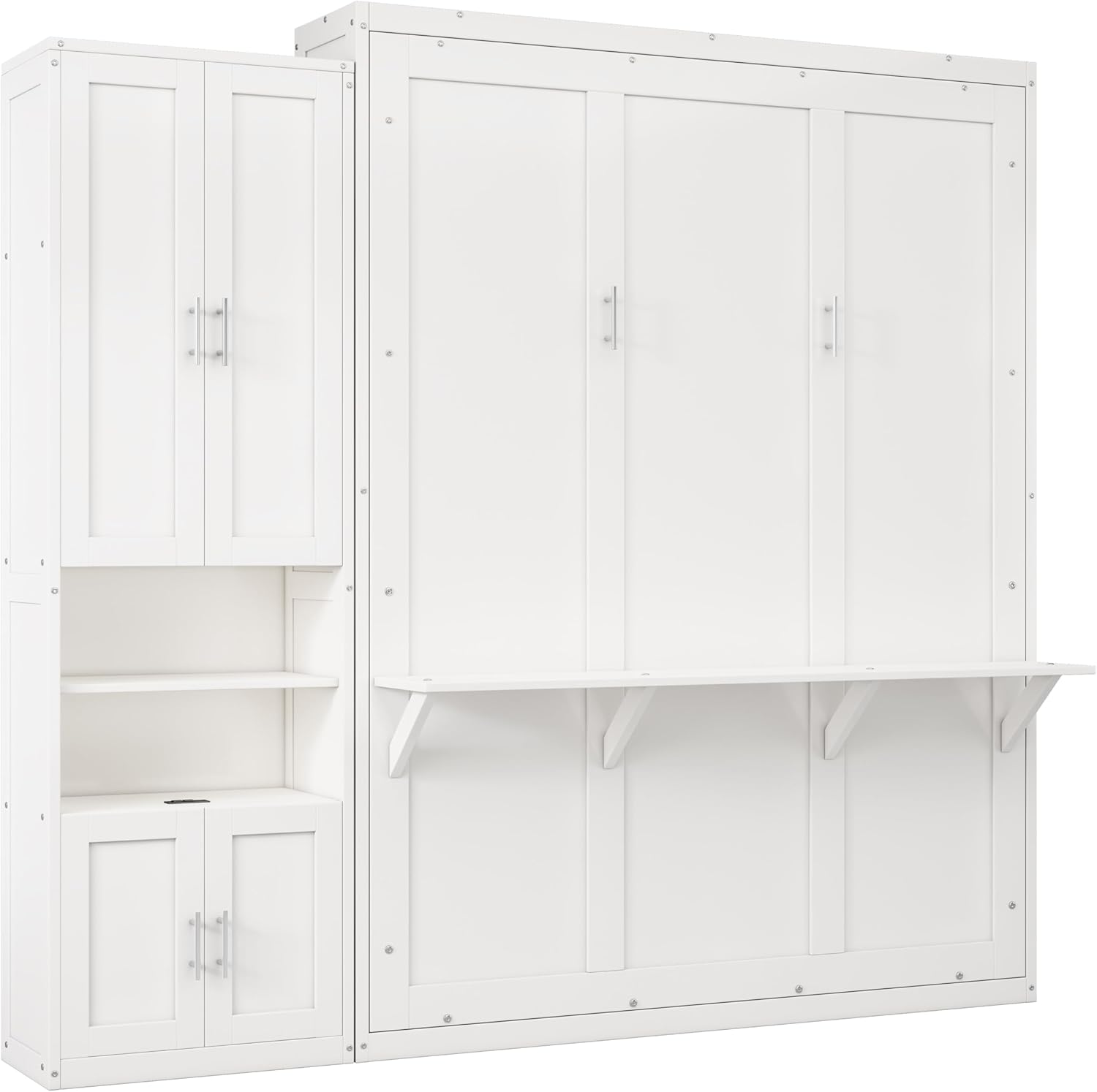Queen Size Murphy Bed Chest with Desk and 1 Side Storage Cabinet Shelves, Solid Pine Wall Bedframe Foldable with USB Port, Space Saving, for Bedroom Living Room Guestroom, White