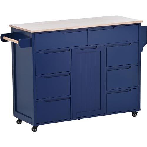 Farmhouse Kitchen Island with Power Outlet, Rolling Kitchen-Cart with Drop Leaf, Storage Cabinet Table on Wheels w/Spice Rack and Drawer for Dining Room, Bar