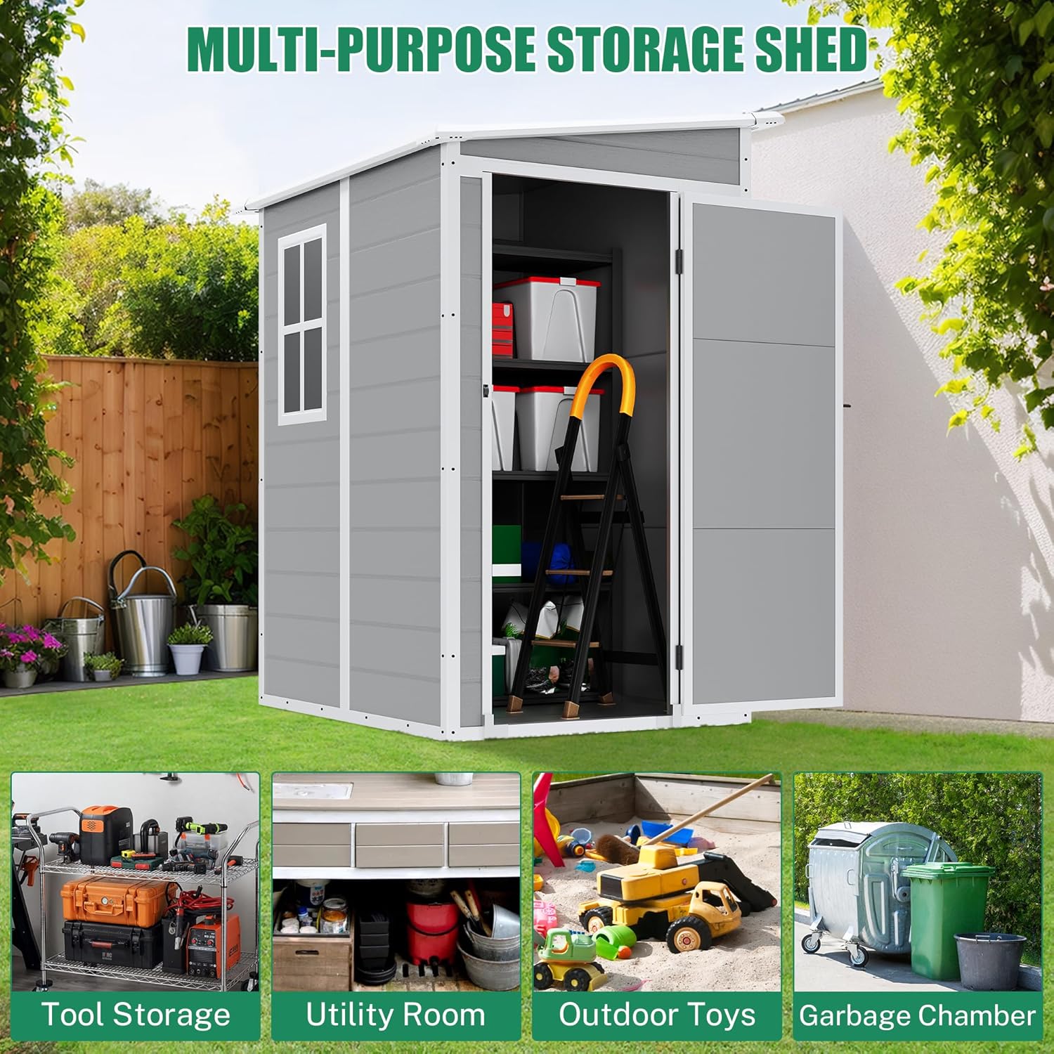 5x4 FT Resin Outdoor Storage Shed with Floor, All-Weather Outdoor Shed with Lockable Door, Window & Sloped Roof, Plastic Sheds & Outdoor Storage Clearance for Garden Patio Poolside Deck, Gray