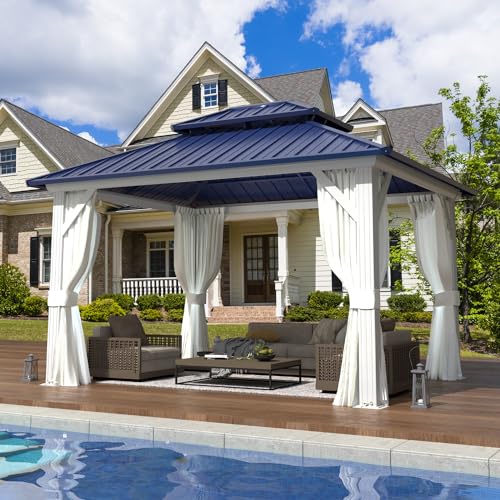 EROMMY 14'x20' Hardtop Gazebo Double Roof Galvanized Steel Canopy Outdoor Aluminum Frame Permanent Metal Pavilion with Netting and Curtains for Patio Backyard Deck and Lawns