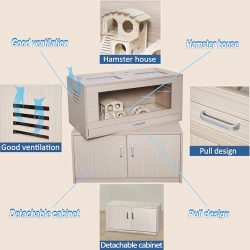 Hamster Cage with Storage Cabinet Small Animal Cage, Easy View Acrylic Panels, Large Habitat for Hedgehog Gerbil & Rat 31.5" Lx 15.75" x 32.28" (Teak)