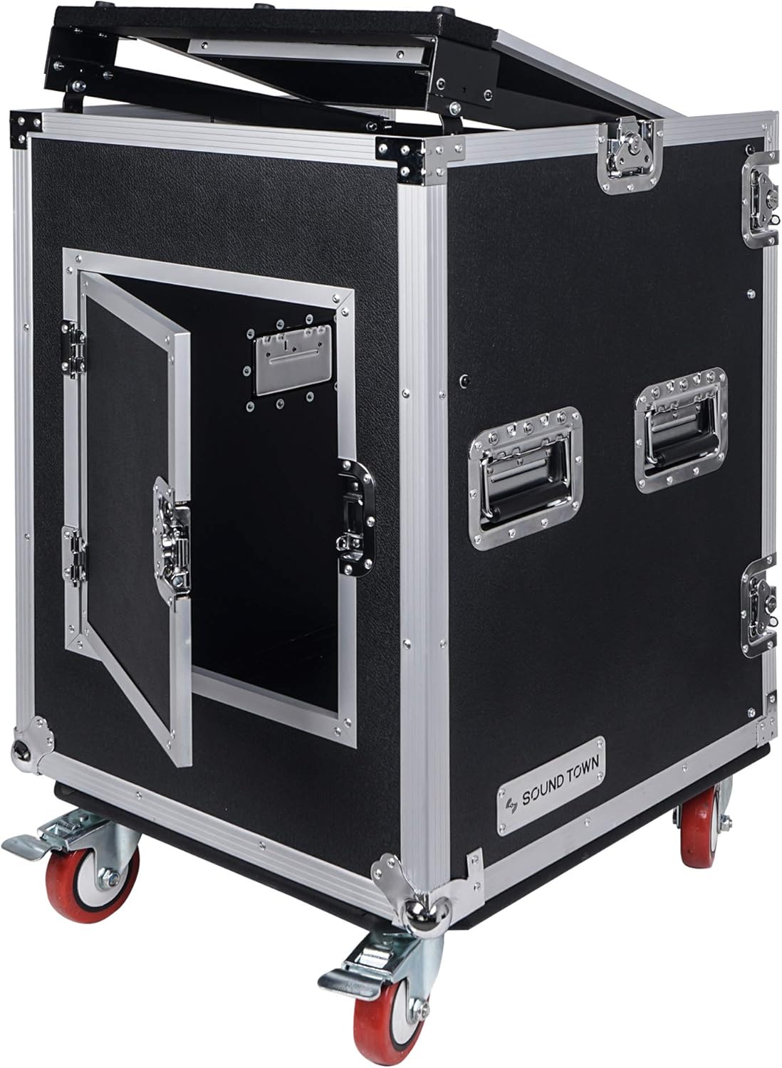 Sound Town 14U PA DJ Rack/Road ATA Case with 11U Slant Mixer Top, 20���� Rackable Depth, DJ Work Table and Casters, 14 Space Size, Pro Tour Grade (STMR-14UWT)