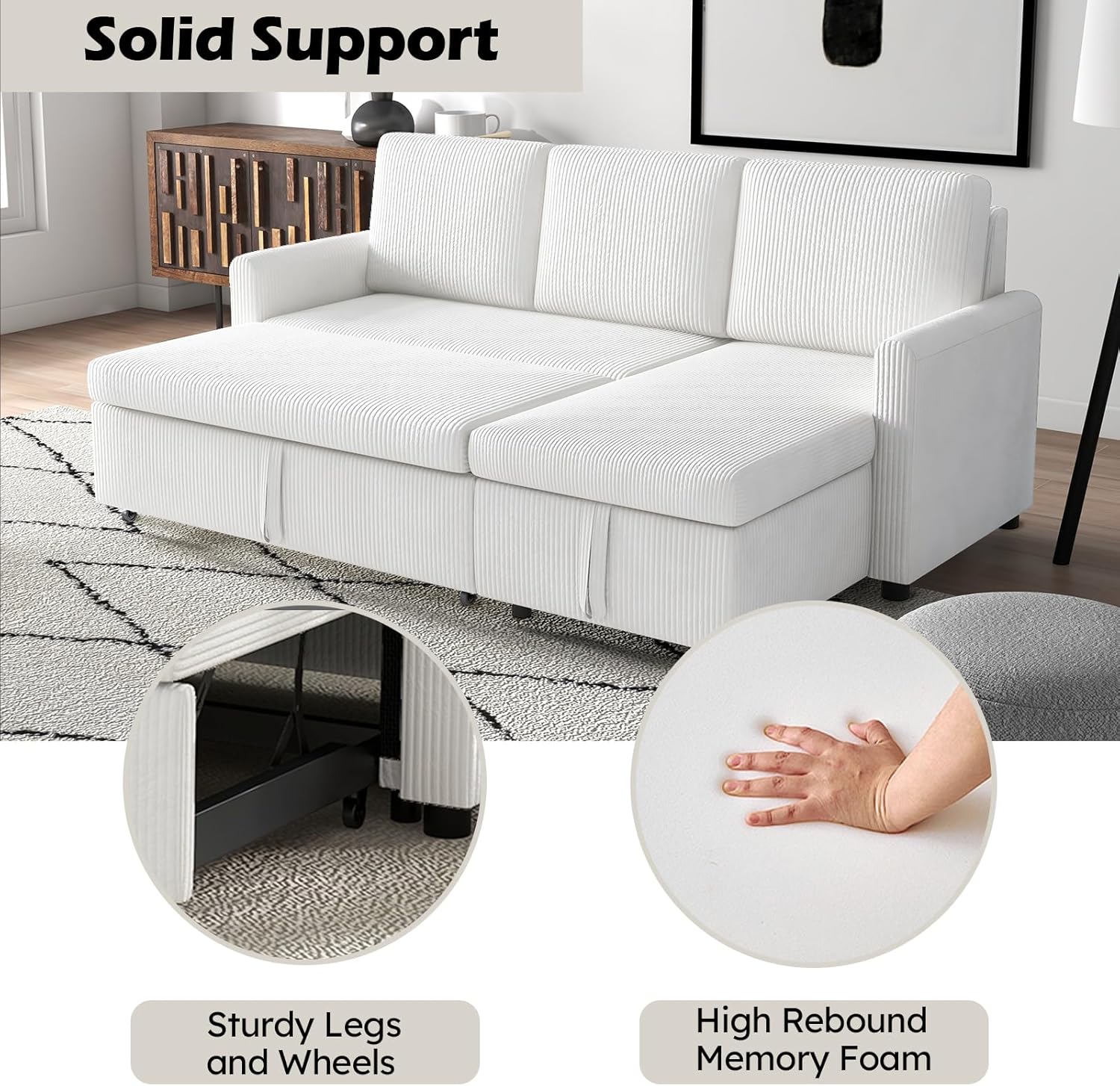 Convertible Sleeper Sofa Bed 3 in 1, Soft Corduroy L-Shaped Couches for Living Room, Small Pull Out Sectional Futon Sofa Bed with Storage Chaise and 2 Pillows, for Small Space Apartment, Beige