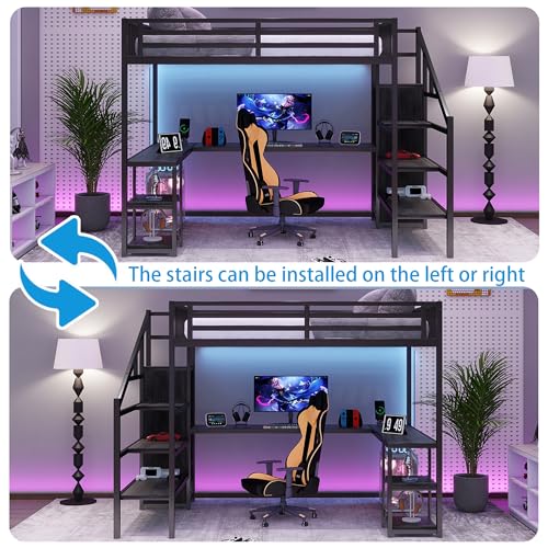 Full Size Loft Bed with Desk and Stairs,Metal Gaming Loft Bed Full with Wardrobe and Shelf, High Loft Bed with LED & USB Charging Station for Teens, Adults, Space Saving Design,Black