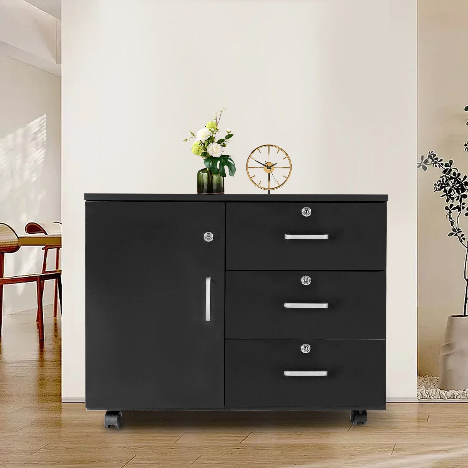 3-Drawer MDF Dresser Chest with Door Mobile File Storage Cabinet Printer Stand