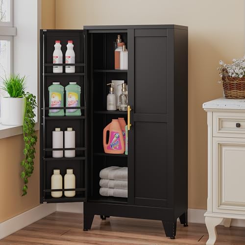 75.2" Tall Metal Pantry Cabinet, Storage Cabinets with 4 Door and 4 Adjustable Shelves, Black Kitchen Pantry Storage Cabinet, Freestanding Cupboard for Kitchen Dining Room Living Room Bathroom