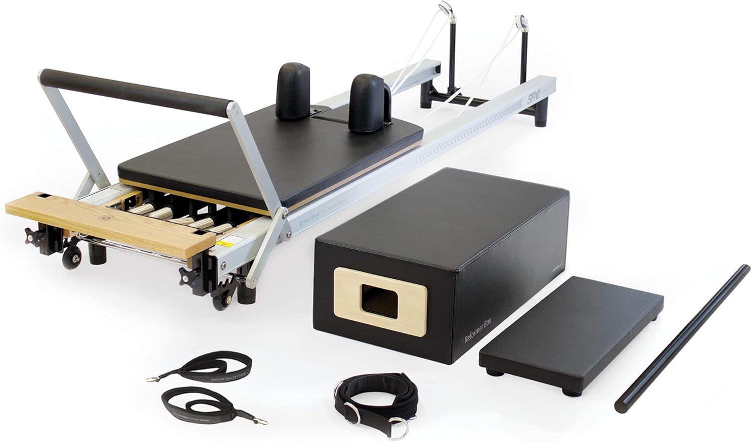 Merrithew™ At Home SPX® Reformer Package with Reformer Box, Footstrap, Padded Platform Extender and Metal Roll-up Pole – Pilates Workouts at Home(BLACK)
