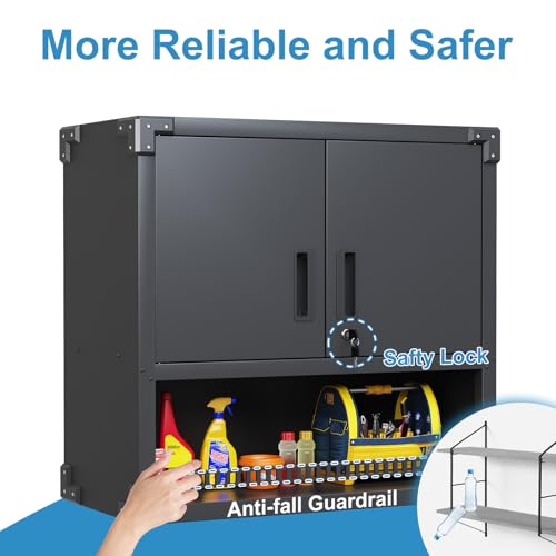 Garage Storage Cabinet Wall Cabinet with 2 Doors,Lockable Tool Cabinets Wall Mounted with Adjustale Shelves,Heavy Duty Steel Hanging Cabinets for Warehouse Kitchen Laundry,Assembly Required