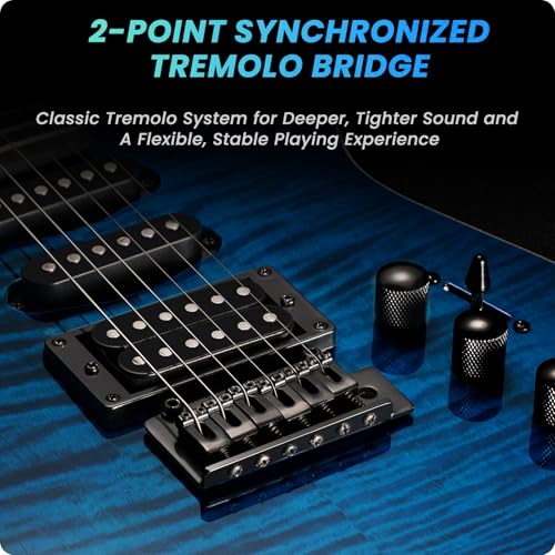 39" Solid Body Electric Guitar: Electric Guitar Kit with Bone Nut, Full Size 6 String Guitars with 24 Frets, Poplar Body AAA Flame Maple Top, Guitarra Electrica with HSS Ceramic Pickup,Black