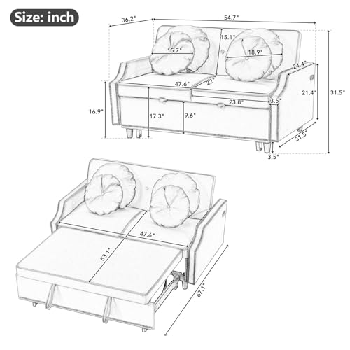 Modern Convertible Sofa Bed with Adjustable Backrest and Pull-Out Bed, Stylish Design 2 Seat Sofa with Pillows and USB Ports, Perfect for Small Spaces, Beige