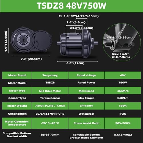 TSDZ8 750W Mid-Drive Ebike Conversion Kit with Optional Battery - Upgrade Your Ride with Powerful Electric Bike Kit (68mm/73mm BB Length, Universal Fit)