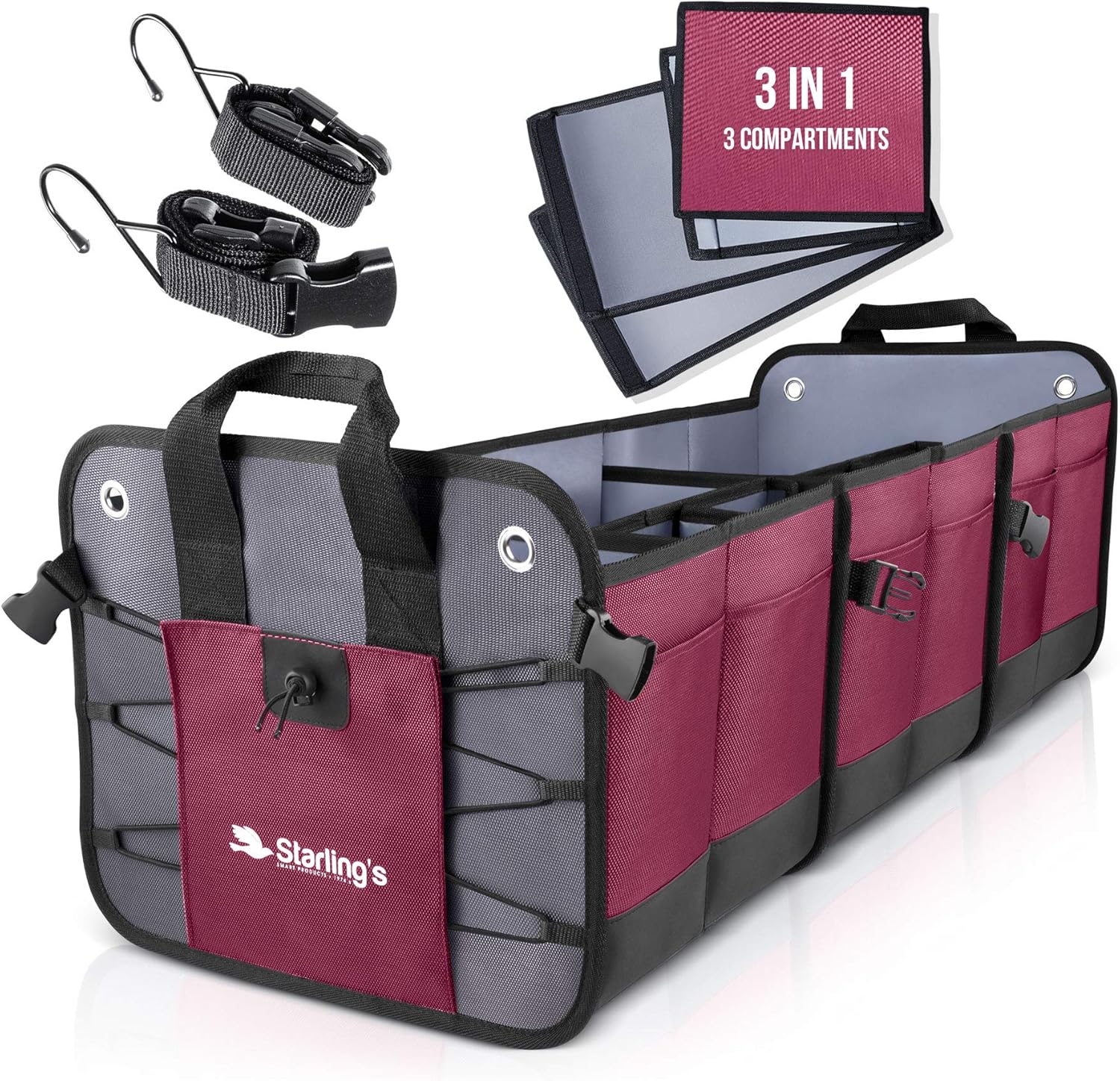 Starling's Car Trunk Organizer - Durable Storage SUV Cargo Organizer Adjustable (Black, 3 Compartments) Pack of 2