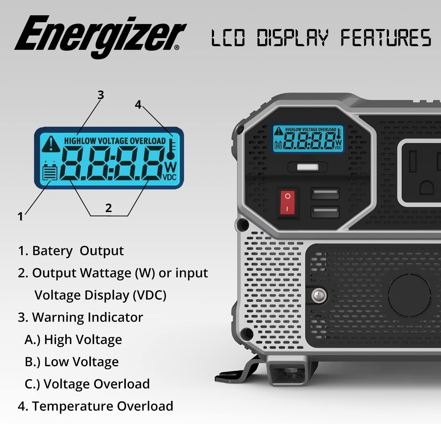 Energizer 4000 Watts Power Inverter Modified Sine Wave Car Inverter, 12V to 110 Volts, Two AC Outlets, Two USB Ports (2.4 Amp), Hardwire Kit, Battery Cables Included – ETL Approved Under UL STD 458