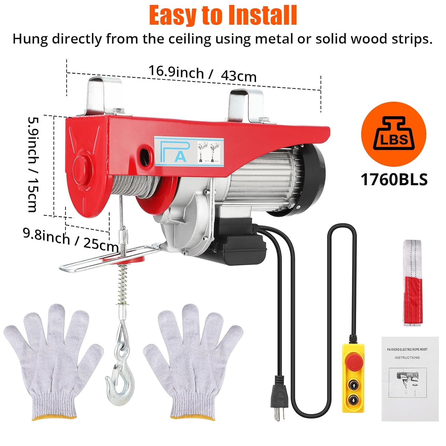 Electric Hoist 1760lbs, TROPOW Electric Hoist 39FT Single Cable Lifting Height, Electric Steel Wire Winch for Garage Warehouse Factory