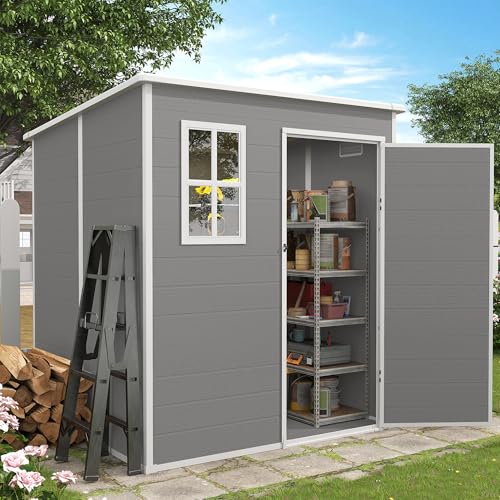 Outdoor Storage Shed, 6x6 FT Resin Shed with Floor and Lockable Door, Window, Vents, Tool Sheds and Outdoor Storage for Bike, Garden Accessories, Tools, Waterproof (Grey & White)