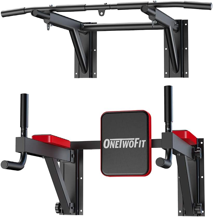 ONETWOFIT Wall Mounted Power Tower Pull Up Bar Station Workout Dip Station, Multi-Function Chin Up Bar Exercise Bar Set for Home Gym Strength Training Fitness Equipment, Pull Up Stand 330 Lbs
