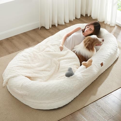 Human Dog Bed for Adult - Luxury Faux Fur Giant Human Size Dog Bed with Portable Handle, Egg Orthopedic Foam Dog Human Bed with Blanket, 72"x40"x10", Ivory White