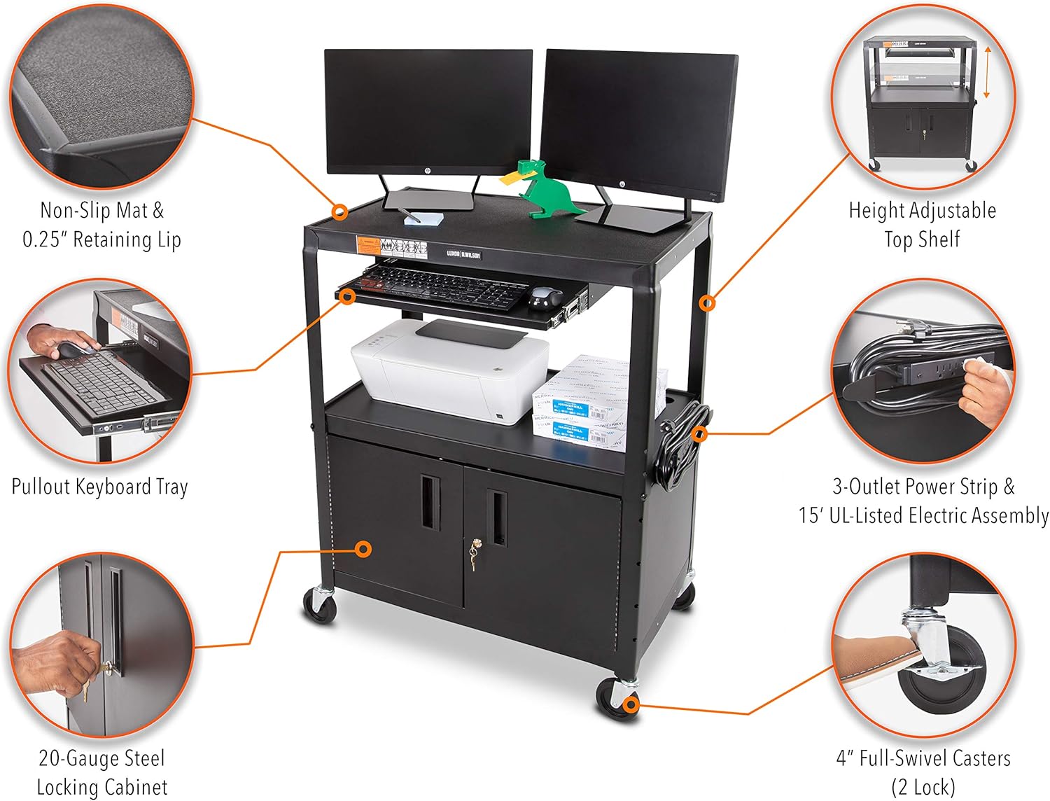 Line Leader Large AV Cart with Locking Cabinet | Height Adjustable Utility Cart | Includes Pullout Keyboard Tray & Cord Management | Easy Assembly (32in x 18in x 42in / Black)