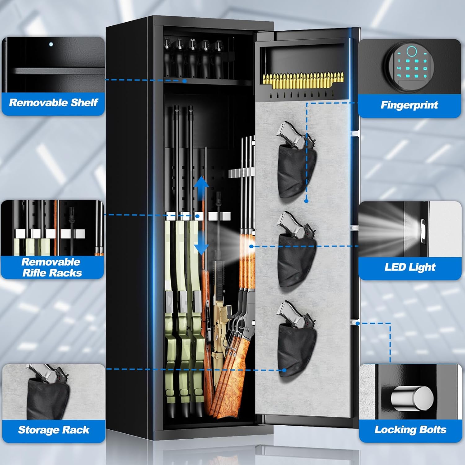 10-15 large Unassembled Gun Safe,Fingerprint Quick Access Gun Safes for Home Rifle and Pistols,Gun Safe&Cabinet with Removable Shelf and Pistol Bag, Rifle Safe with Dual Alarms & Silent Mode.