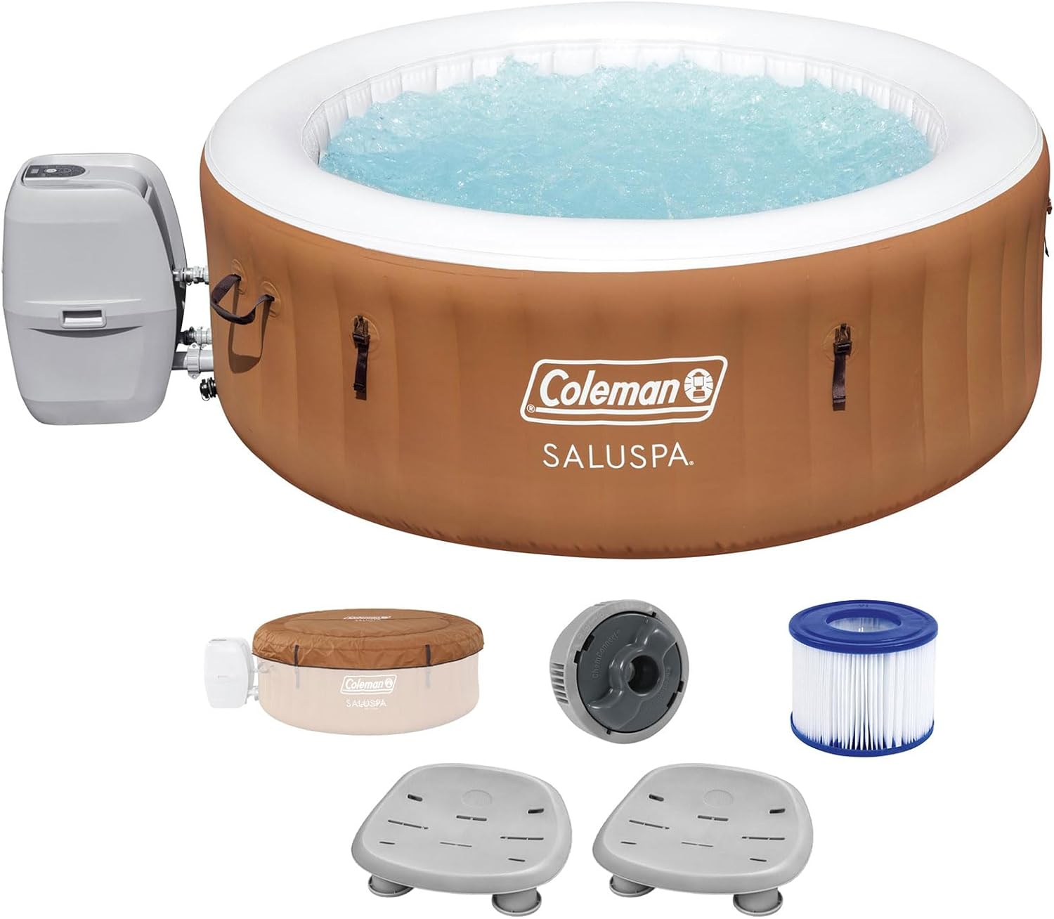 Coleman SaluSpa Ponderosa AirJet Inflatable Round Hot Tub + Bestway SaluSpa Underwater Non Slip Pool and Spa Seat with Adjustable Legs