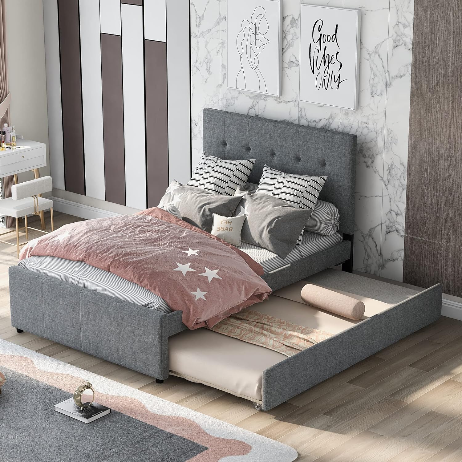 Bellemave Upholstered Full Size Platform Bed Frame with Trundle and Headboard, Linen Fabric Simple Style, Solid Wooden Slats Support, No Box Spring Needed, Grey