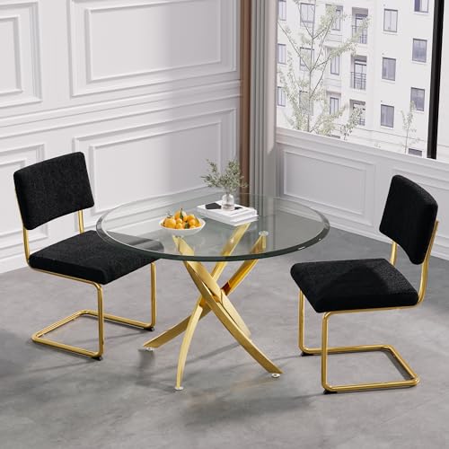 Glass Dining Table Set for 4, 5 Piece Kitchen & Dining Room Set, Modern Kitchen Table and Chairs Set with 36" Round Glass Table and 4 White Silver PU Leather Chairs for Dining Room Kitchen