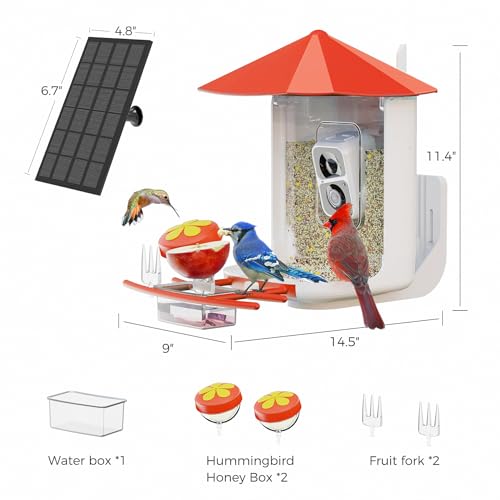 Smart Bird Feeder with Camera,Wireless Wild Bird Feeders, 160° Wide View Auto Capture Bird Videos & Motion Detection,AI Identify, DIY Add-ons & Hummingbird Feeder,Gift for Bird Lover