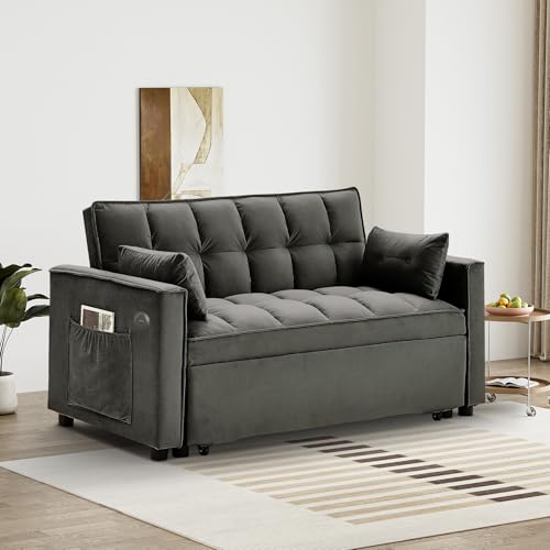 3 in 1 Convertible Sleeper Sofa Couch with Pullout Bed, Adjustable Pull Out Loveseat Sofa with USB Port & Pocket, Modern 2 Seater Chaise Lounge for Living Room, Small Spaces, Black Velvet