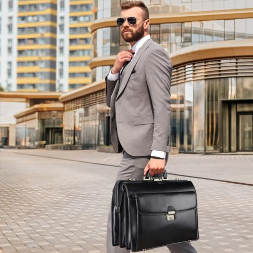 Banuce Leather Briefcase for Men with Lock Attache Case Hard Executive Attorney Lawyer Work Bag 15.6 Inch Laptop Doctor Bag