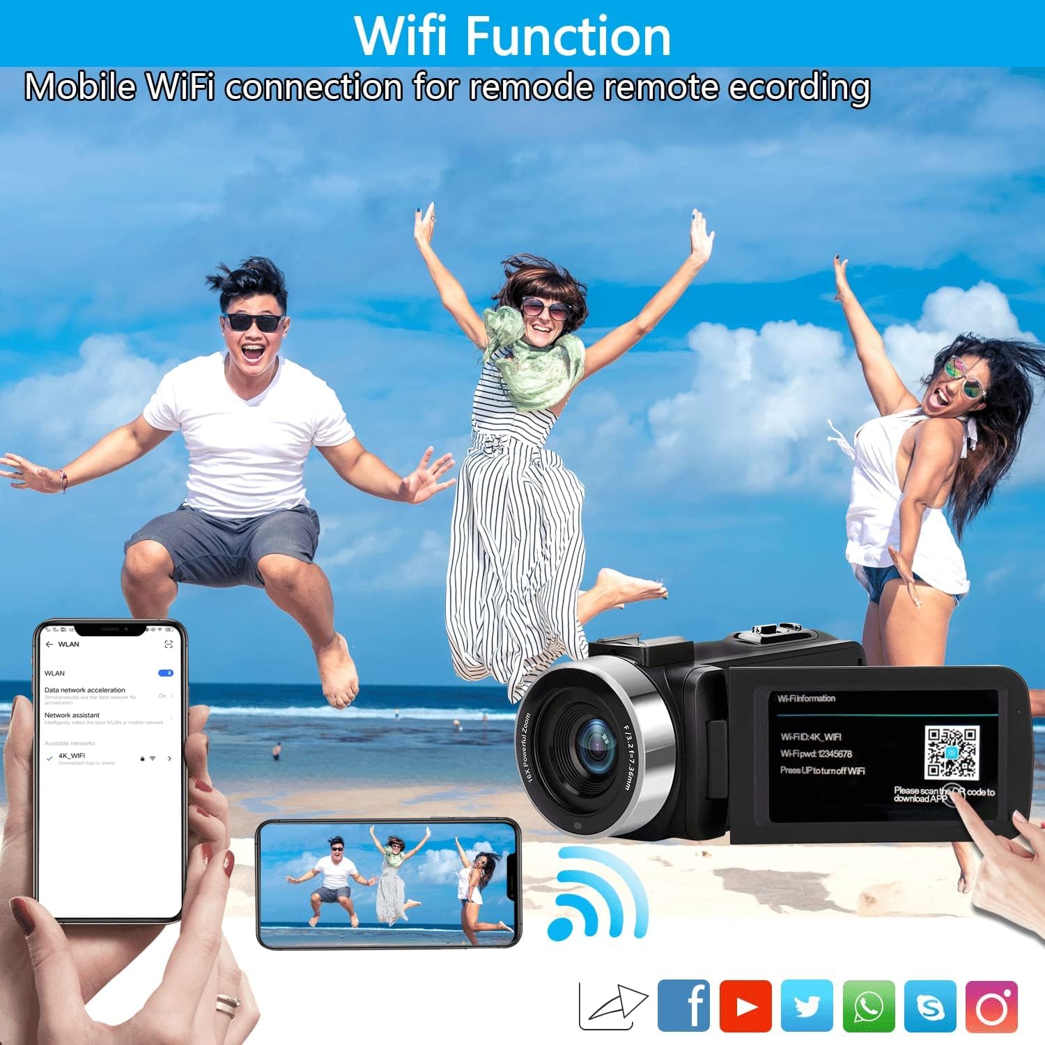 WIKICO Video Camera, 4K Camcorder 48MP 18X Digital Zoom Autofocus Camera for YouTube, WiFi IR Night Vision 3.0 Touch Screen Vlog Camera, with External Microphone, Lens Hood, Stabilizer, Fill Light