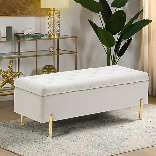 Velvet Storage Bench Ottoman with Soft Close Lid, End of Bed Bench Upholstered Fabric Storage Ottoman Bench for Bedroom Entryway Living Room, Grey
