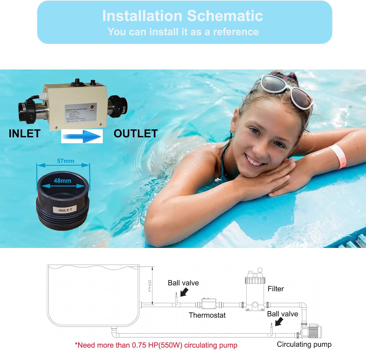 Pool Heater-3KW 220V Upgrade Thermostat Electric Swimming Pool Heater,Digital Touch Display Energy Efficient Pool Water Heater for Spas, Bathtubs and Above Ground in-Ground Pools.