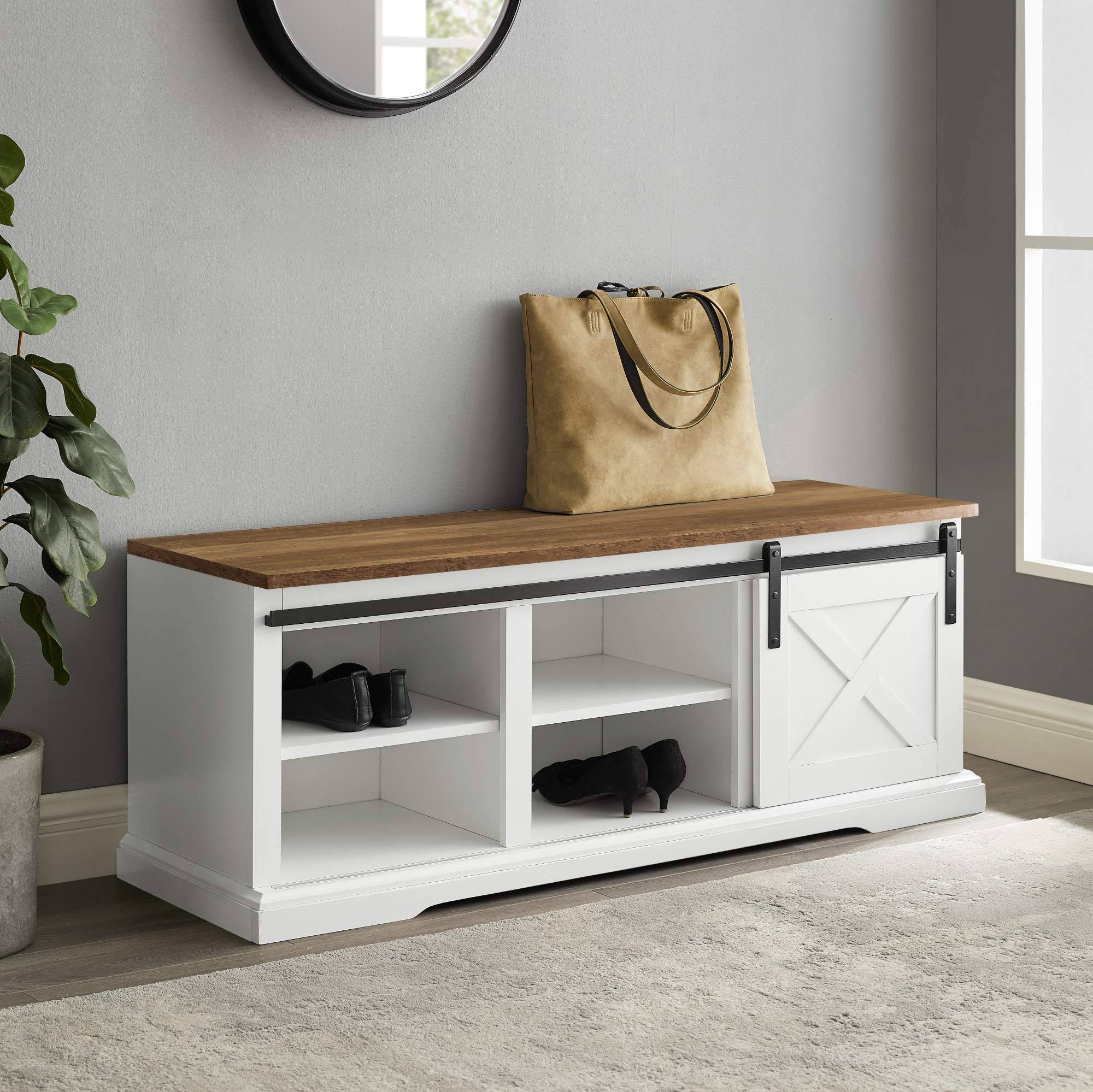 Walker Edison Sliding Barn Door Entry Bench - White / Reclaimed Barnwood