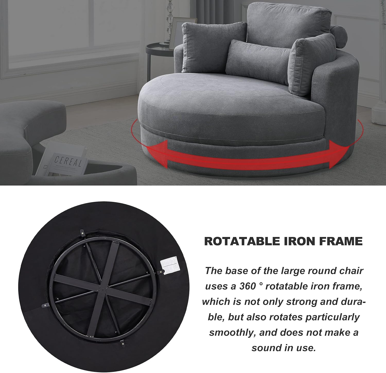 Welike Swivel Accent Barrel Modern Dark Grey Sofa Lounge Club Big Round Chair with Storage Ottoman Linen Fabric for Living Room Hotel with Pillows