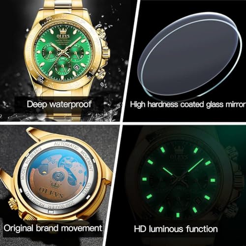 OLEVS Gold Watches for Men Automatic Self Winding Luxury Waterproof Watch Calendar Stainless Steel Business Luminous Men's Wrist Watch