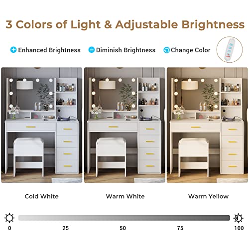 AOGLLATI Makeup Vanity Set with Lights, Vanity Desk with Mirror and Lights, White Vanity Table with Cushioned Stool, Makeup Desk with Charging Station, Visible Drawers, Open Storage Shelves
