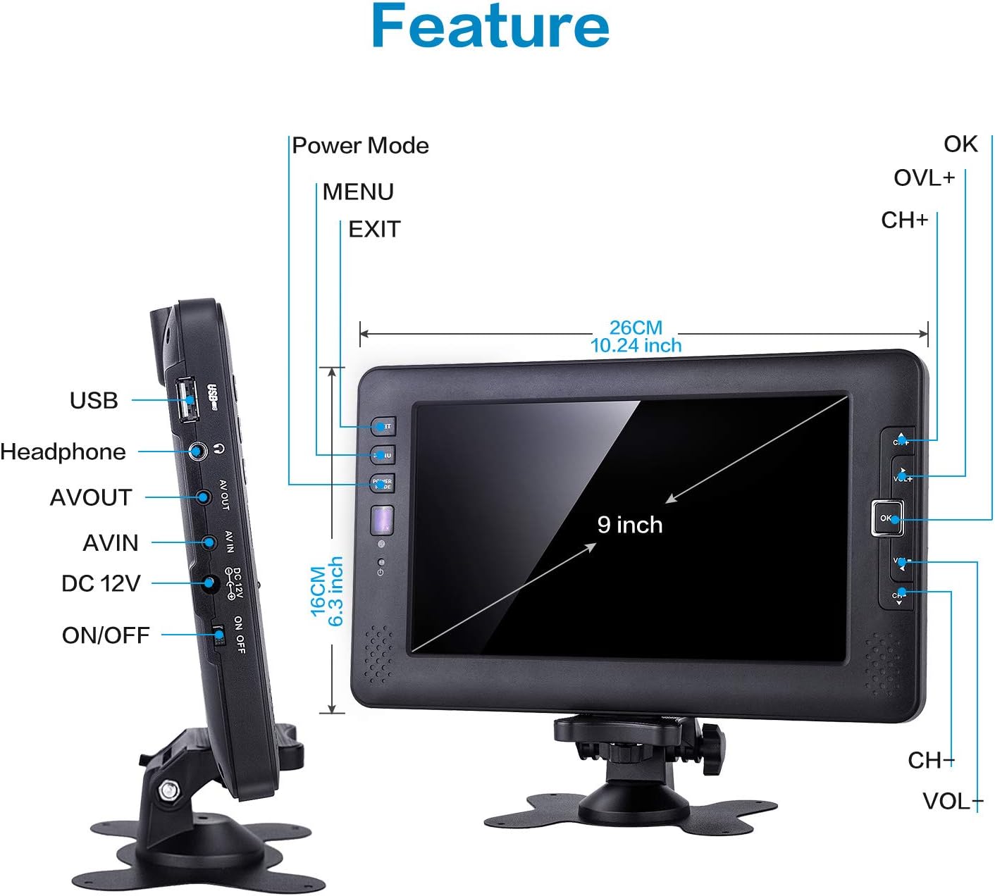 9 inch Small tv Portable, Portable tv with Antenna, Battery Operated tv Portable Digital atsc Tuner,Support USB Interface,AV Video Input, Suitable for Camping,Kitchen,RV use