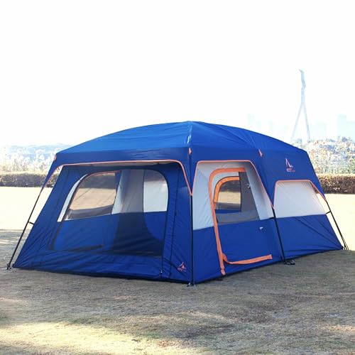 KTT Extra Large Tent 10-12-14 Person(Style-B),Family Cabin Tents,2 Rooms,3 Doors and 3 Windows with Mesh,Straight Wall,Waterproof,Double Layer,Big Tent for Outdoor,Picnic,Camping,Family Gathering