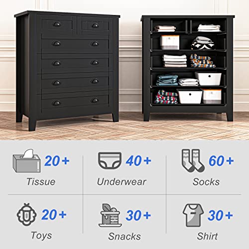 Vibe & Dine 6 Drawer Dresser Tall, White Wooden Dresser for Bedroom, Modern Chest of Drawers with Solid Wood Handles & Legs for Closet, Hallway
