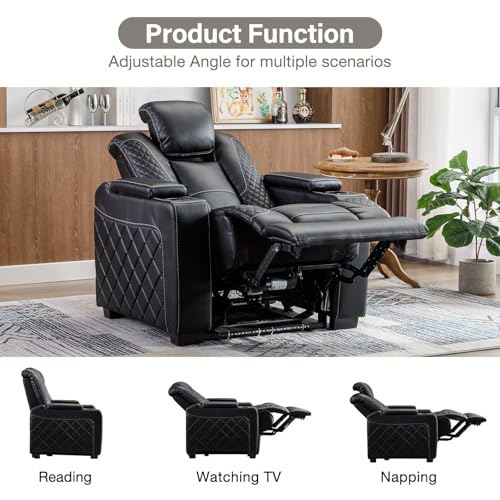 Electric Power Recliner Chair with Adjustable Headrest, Faux Leather Home Theater Seating Chairs with Ambient Lighting, Hidden Arm Storage, USB Ports, Cup Holders, for Movie & Media Room, Brown