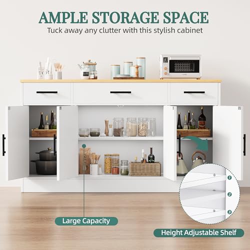 Shintenchi Buffet Cabinet with Storage,53.4" Large Kitchen Storage Cabinet with 3 Drawers and 4 Doors,Wood Farmhouse Buffet Sideboard with Adjustable Shelf for Kitchen Living Room,White