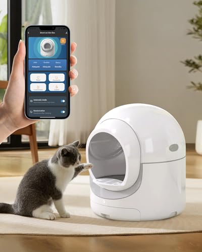 Self-Cleaning Cat Litter Box, 85L Extra Large Automatic Cat Litter Box with APP Control, Safety Protection, Odor-Removal &Weight Monitoring, for Multiple Cats,White&Grey